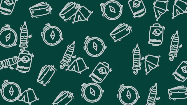 Animated seamless pattern featuring hand-drawn camping icons like tents, compasses, and flashlights on a dark green background, perfect for travel or adventure themes