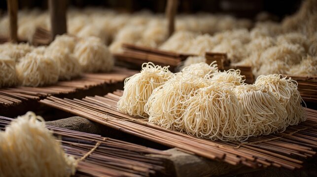 Dried noodles on bamboo drying racks