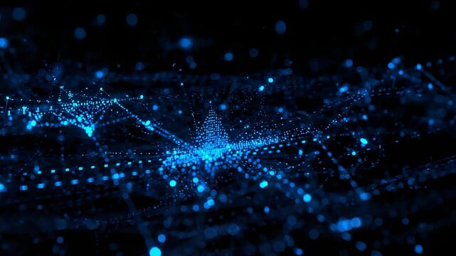 Pulsing digital network initiating flickering nodes and zooming into void, forming glowing pyramid
