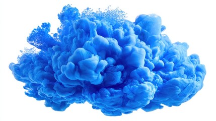 Captivating cloud of cyan blue ink in water creates dynamic abstract shapes on white backdrop