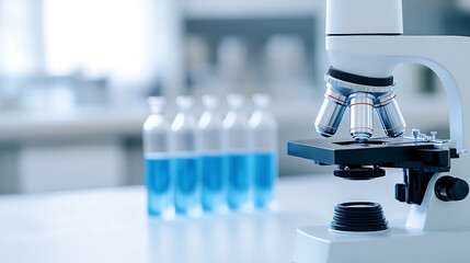Close-up shot of a white microscope in a lab, with vials of blue liquid in the background, symbolizing scientific research and discovery. #science #microscopy