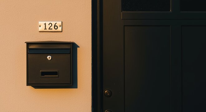 mailbox with house number on beige wall bathed in warm sunlight, symbolizing daily deliveries