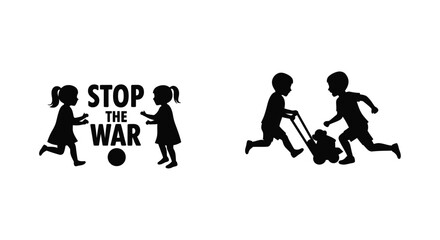 Silhouette image of children fleeing with a stop war message