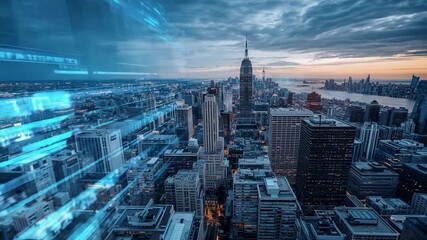 Panning drone capturing landmark skyscraper skyline at dusk, with digital overlay monitoring city - Powered by Adobe