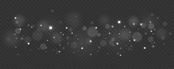 Glowing lights bokeh on a dark transparent background. Abstract white particles with soft blur effect for dreamy luminous atmosphere or festive design. Vector illustration.