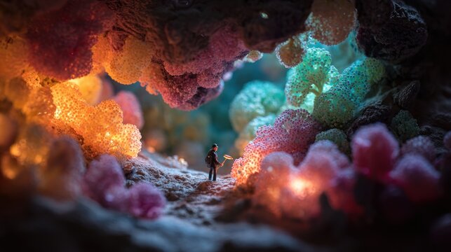 Explorer in colorful cavern landscape