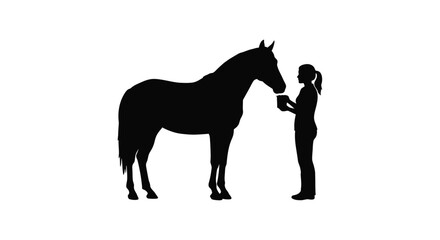 Silhouette of a woman gently interacting with a majestic horse © MdGolam