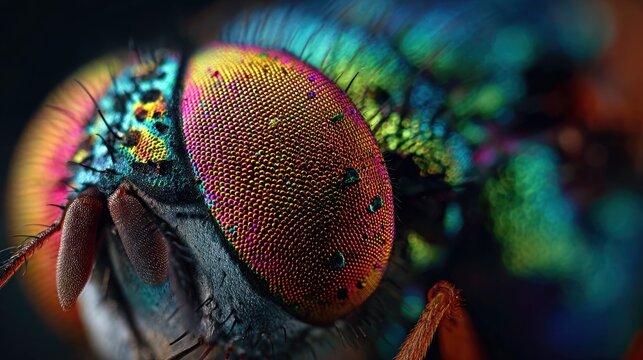 Extreme macro shot of an insect head showcasing iridescent eyes and detailed structures