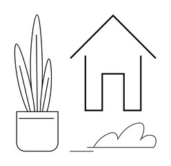 Simple line art of a house, tall potted plant, and garden bush evoking themes of home, nature, and sustainable living. Ideal for eco-design, architecture, gardening, minimalism real estate interior
