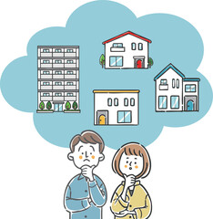 マイホーム選びに悩む夫婦　ベクター
