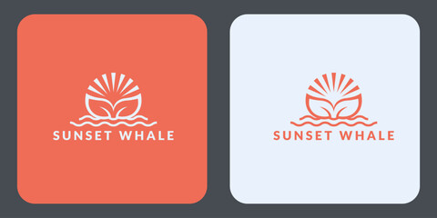 Minimalist Whale Tail Logo with Radiant Sun and Water Waves.