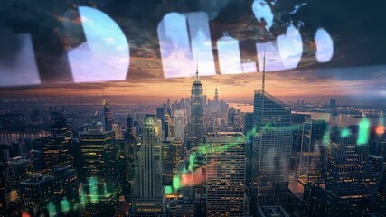 Drifting bars from edges over dusky Empire State Building, fading panels, rising green line graph - Powered by Adobe