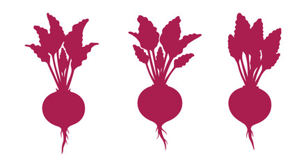 Three vibrant beetroot silhouettes showcase root and leafy green freshness