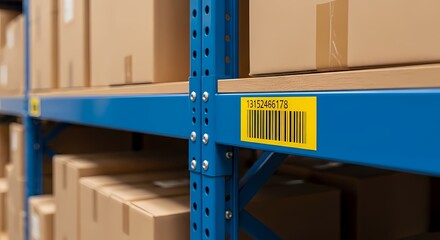 Warehouse Shelving With Cardboard Boxes and Barcode Sticker For Inventory Management