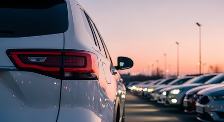 Rows of New Cars Lined Up at Dusk on a Spacious Lot