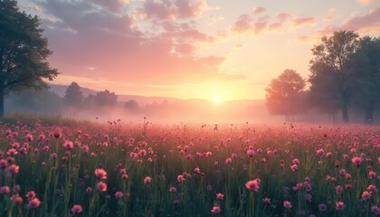 Idyllic sunrise illustration of meadow with pink flowers and mist. Calm nature scenery with sky and sunlight over grassland. Peaceful serene landscape ideal for travel posters and eco projects.
