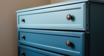 blue wooden dresser with brass knobs in a softly lit room creating a cozy and vintage feel