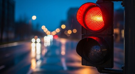 Red traffic light at night urban road safety