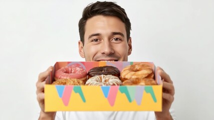 Offering friendly man holding colorful donut box in studio space, showcasing assorted glazed donuts - Powered by Adobe