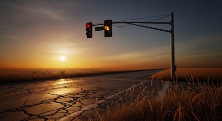 Road traffic light at dusk under dramatic sky