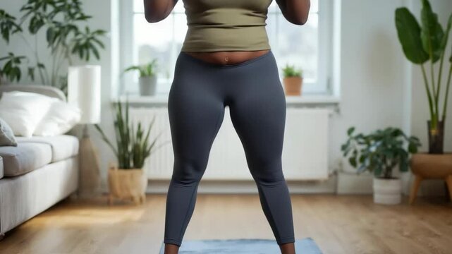 Performing squat reps woman in green top gray leggings on blue mat in living room, fitness