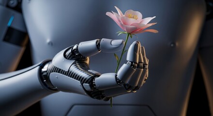 Robot hand holding flower artificial intelligence concept