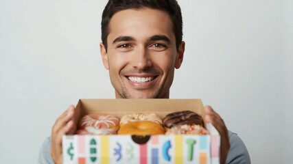 Holding smiling male in gray shirt tilting box of assorted doughnuts forward at light gray backdrop - Powered by Adobe