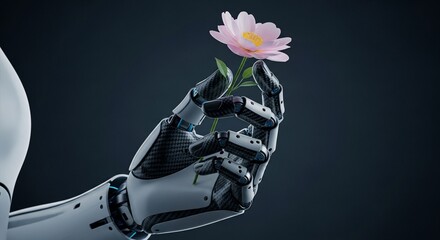 Robot hand holding pink flower concept artifical intelligence and nature