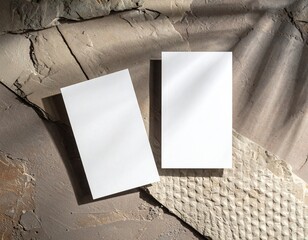 Business card mockup on textured surface with natural shadows, premium printing finish (matte or gloss), top-down photography style