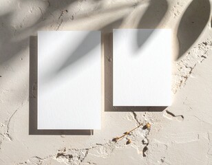 Business card mockup on textured surface with natural shadows, premium printing finish (matte or gloss), top-down photography style