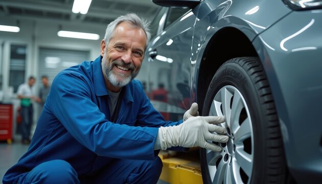 Smiling auto mechanic works on car tire in repair shop. Experienced technician wears blue uniform and gloves, checks wheel nuts at garage. Another workers in background help fix vehicles. - Powered by Adobe