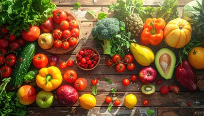 Abundant Assortment Of Fresh Organic Fruits And Vegetables Artfully Arranged On A Rustic Wooden Table With Natural Sunlight Illuminating The Vibrant Colors And Textures