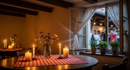 Romantic dinner setting with candles and flowers