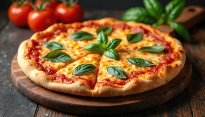 Baked italian pizza with melted mozzarella cheese, tomato sauce, green basil. Sliced on rustic wooden board. Fresh red tomatoes and basil in background. Delicious, healthy meal.