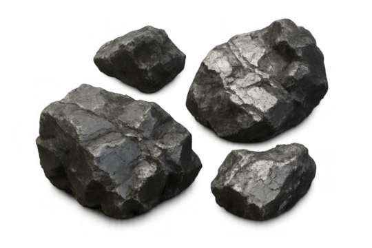Coal pieces displaying raw mineral energy and fossil fuel potential on a transparent background