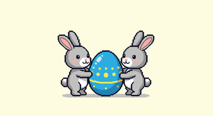 Easter Bunnies Holding Egg: A Festive Holiday Illustration.