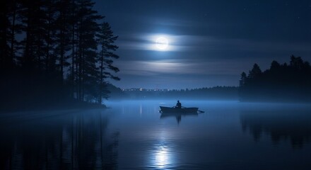 Rowboat on lake at night under moonlight