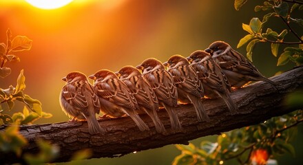 Row of sparrows perched on a branch in golden sunlight