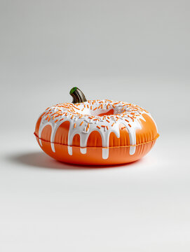 Frosted pumpkin donut inflatable isolated on white background. Quirky halloween concept for warm holiday ads
