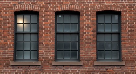 Fototapeta premium Three Classic Black-Framed Windows on Red Brick Wall in Sunlight Capturing Industrial Architecture Contrast with Vintage Style