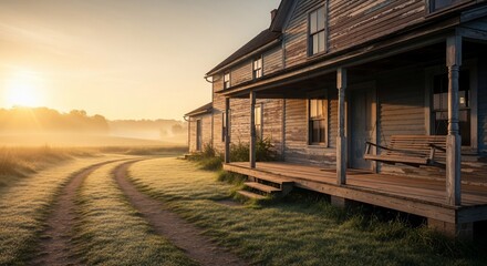 Rural farmhouse and foggy landscape at sunrise