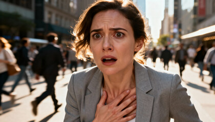 stressed businesswoman in busy city street feeling anxious about work and future