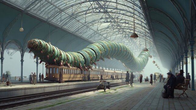 Giant caterpillar disrupts train station