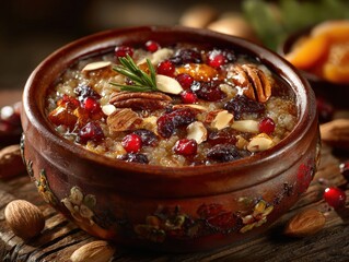 Traditional Kutia with Nuts, Honey and Dried Fruits in Clay Bowl