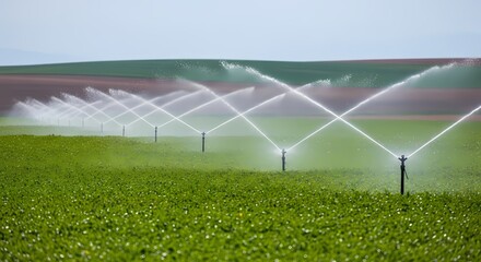 Modern Agriculture Automated Sprinklers Irrigating a Lush Green Field in a Rural Landscape Under a Cloudy Sky