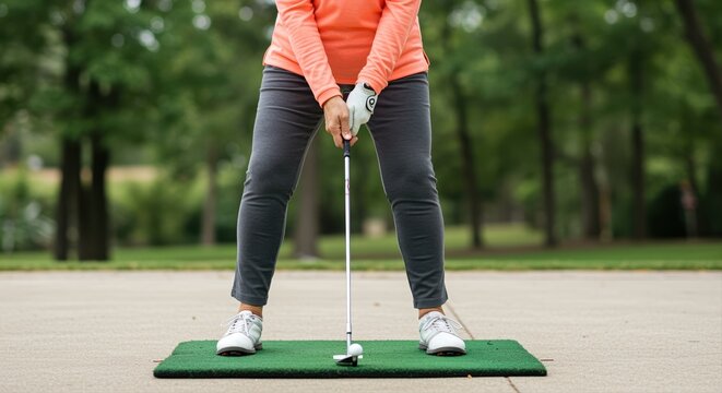 person practicing golf putting on green mat in park dressed in casual sporty attire - Powered by Adobe