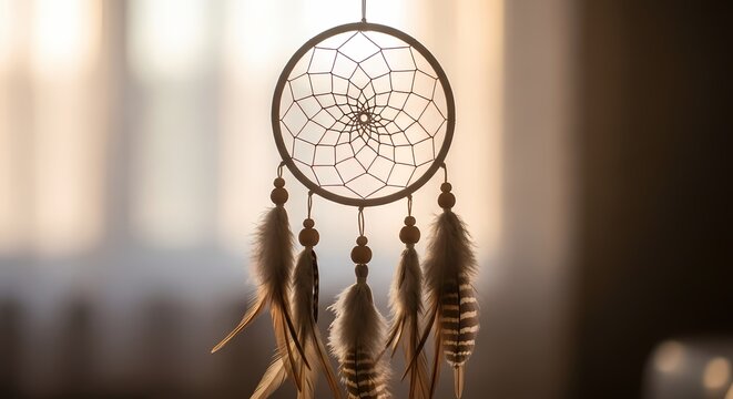 Close up of a Native American Dreamcatcher hanging near a window catching the soft morning light and symbolizing protection and good dreams