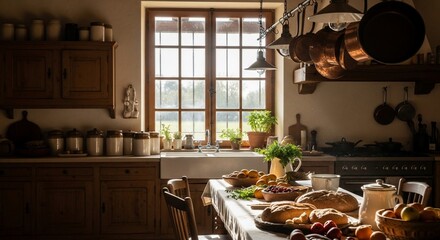 Rustic kitchen interior with farmhouse table and fresh produce