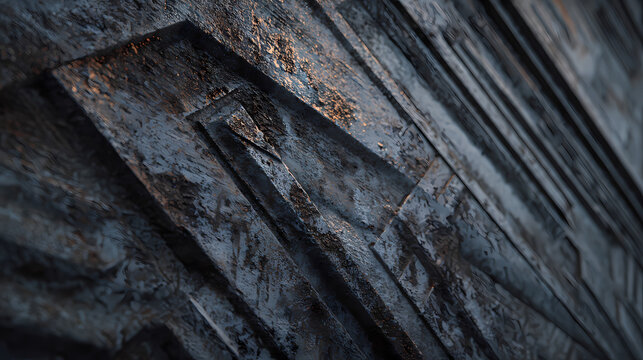 Textured stone carving, revealing a pattern of abstract geometric shapes and lines, bathed in light and shadow. The details show signs of weathering and erosion, creating a sense of history. 