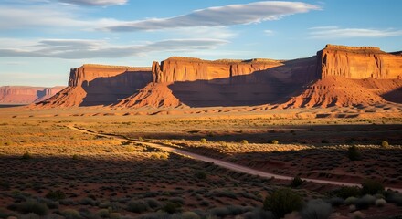 Majestic desert landscape with red rock formations and vast open sky during golden hour, highlighting rugged beauty and endless adventure